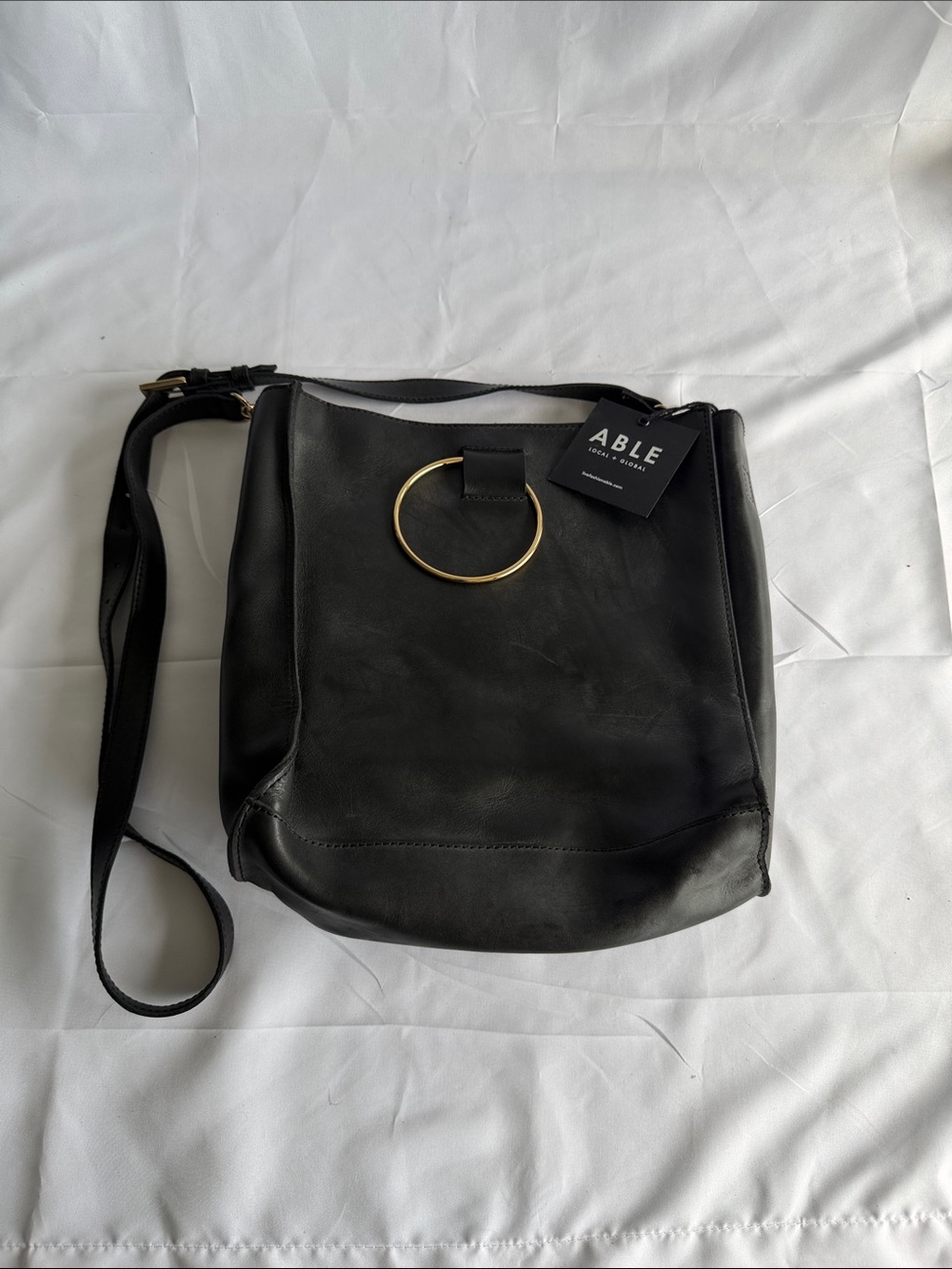 ABLE "Hearth & Soul" (or "Mare") Black Raw Leather O-Ring Crossbody Bag
